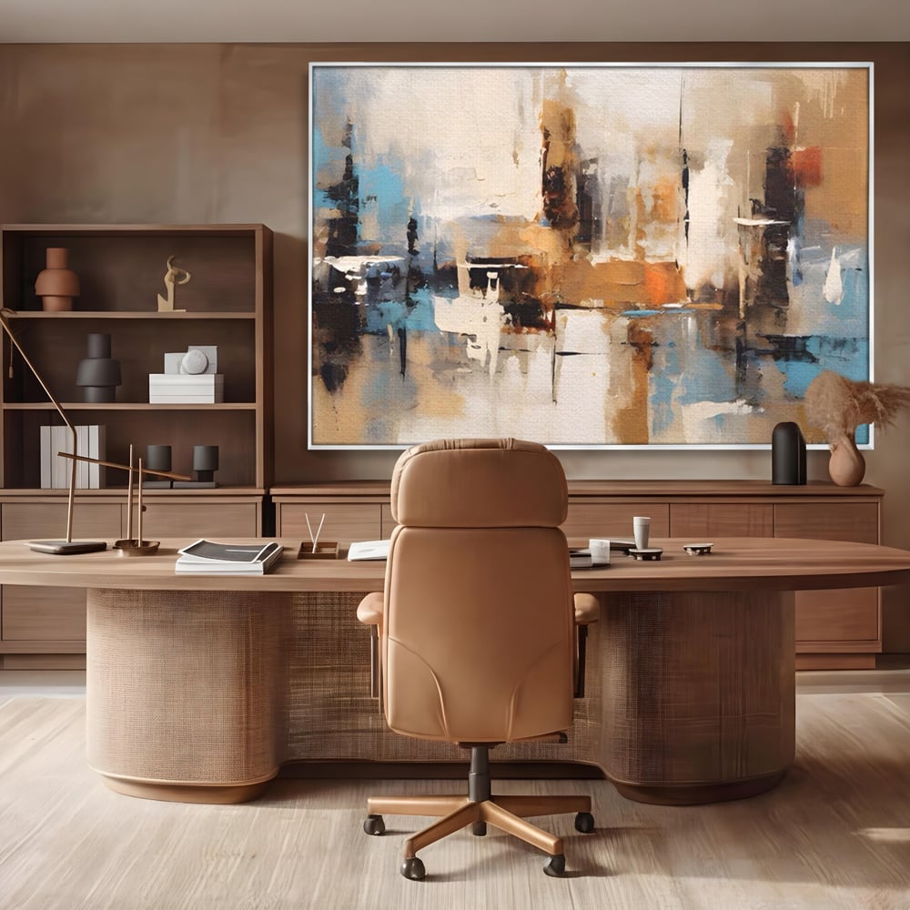 Tablou canvas cu pictura abstracta cu linii verticale, in rama de aluminiu argintiu, pe perete intr-un birou